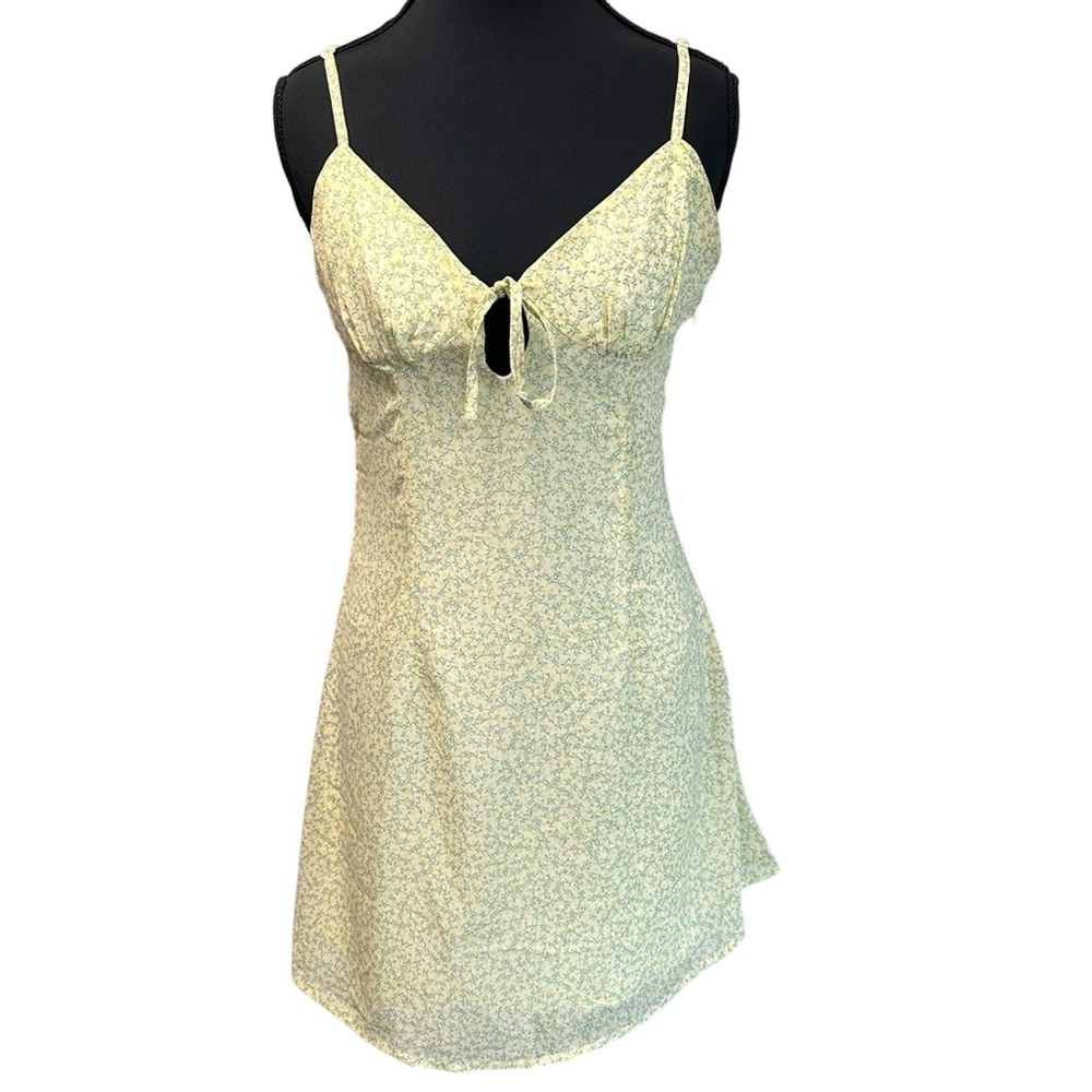Butter Yellow Floral Babydoll Mini Dress Women's Small Bow Coquette Sheer Layer